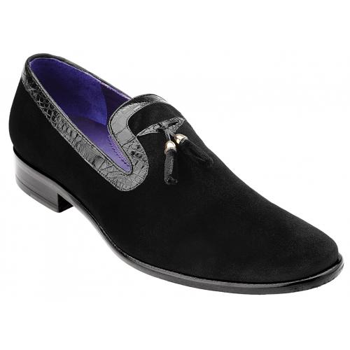 Belvedere "Ernesto" Black Genuine Crocodile / Velvet Loafer Shoes 3941